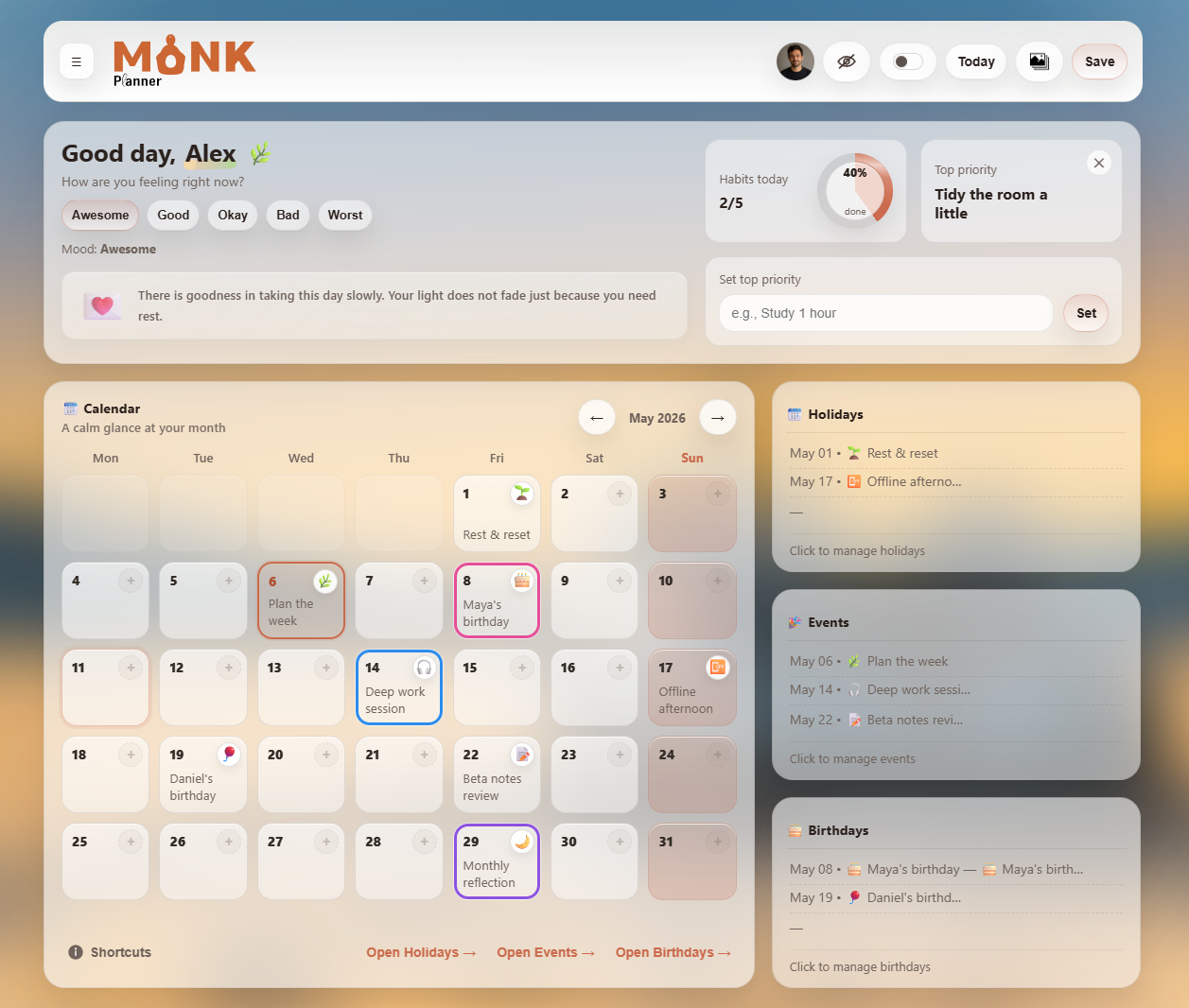 MONK Planner calendar and notes screenshot
